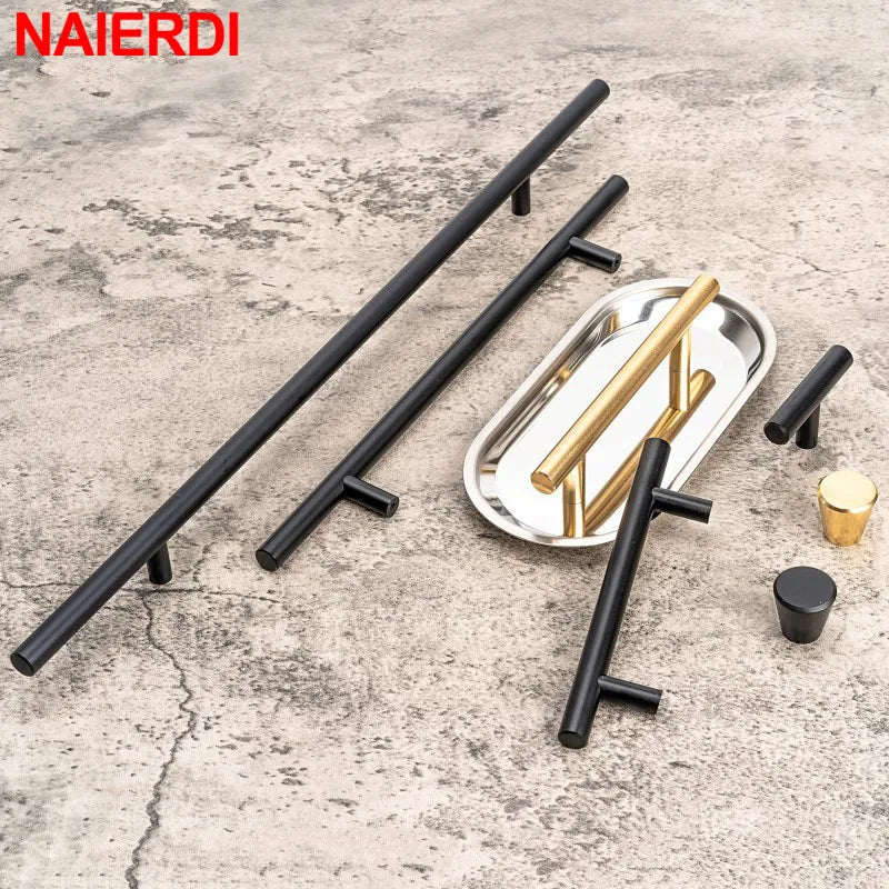 NAIERDI Brushed Gold Straight Door Handle Cabinet Handles Stainless Steel Black Kitchen Cabinet Knobs Furniture Hardware