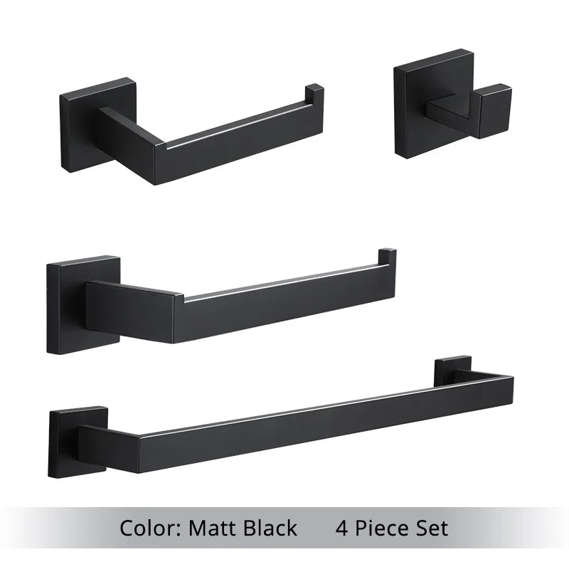 Bathroom Hardware Set Accessories Matt Black Shelf Robe Hook Hanger Towel Rail Bar Rack Tissue Paper Holder Stainless Steel